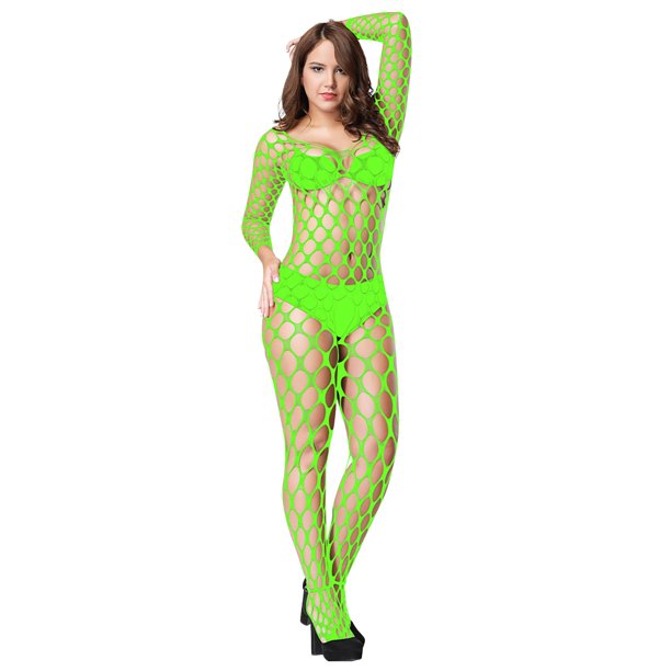 Bodystocking Plasa cu Ochiuri Mari Verde Neon, S-L, #1, Erotic24.ro
