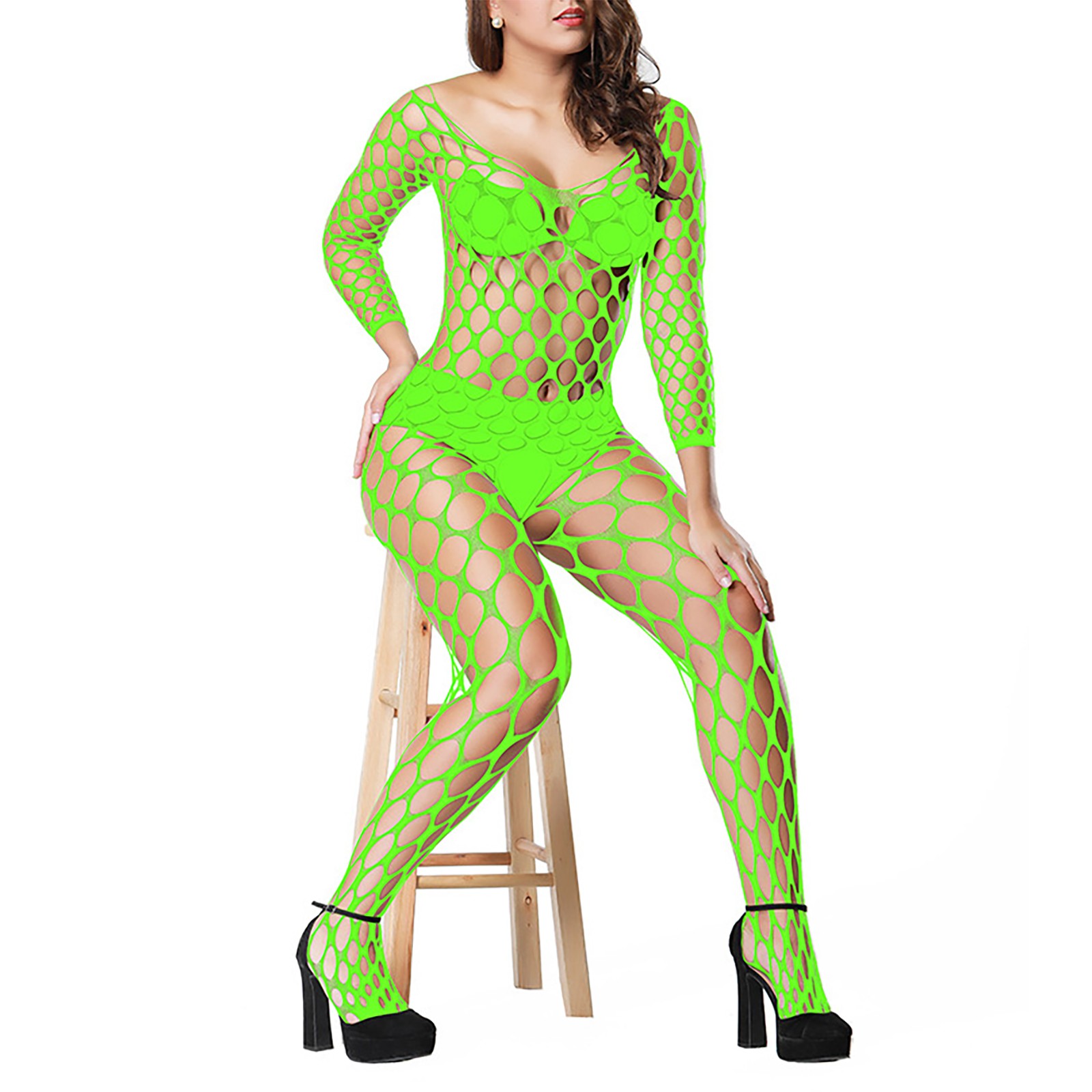 Bodystocking Plasa cu Ochiuri Mari Verde Neon, S-L, #3, Erotic24.ro
