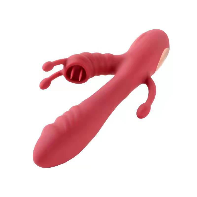 Vibrator Rabbit Tripple Pleasure, 12 Moduri Vibratii+Incalzire, Silicon, USB, Rosu, Passion Labs, Nr. 3, Erotic24.ro