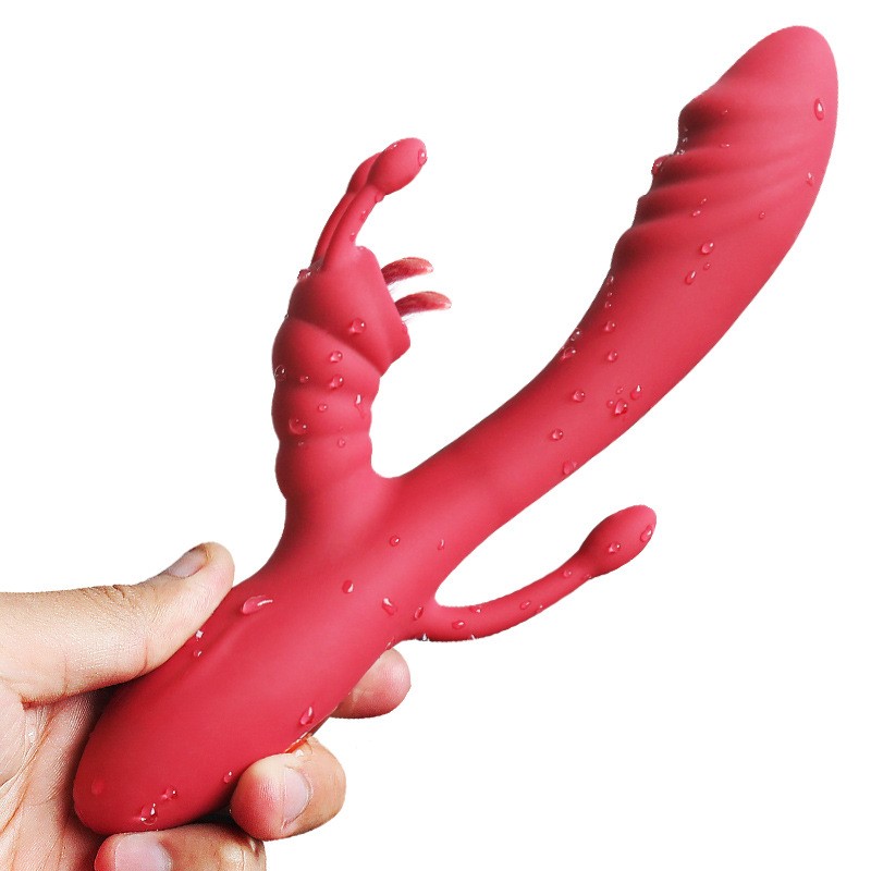 Vibrator Rabbit Tripple Pleasure, 12 Moduri Vibratii+Incalzire, Silicon, USB, Rosu, Passion Labs, Nr. 1, Erotic24.ro
