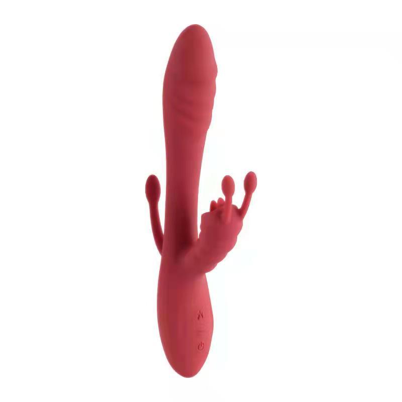 Vibrator Rabbit Tripple Pleasure, 12 Moduri Vibratii+Incalzire, Silicon, USB, Rosu, Passion Labs, Nr. 2, Erotic24.ro