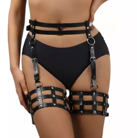 Sistem Harness Sexy Thighs, Piele Ecologica, Negru, S-L, JGF Lingerie, #1, Erotic24.ro