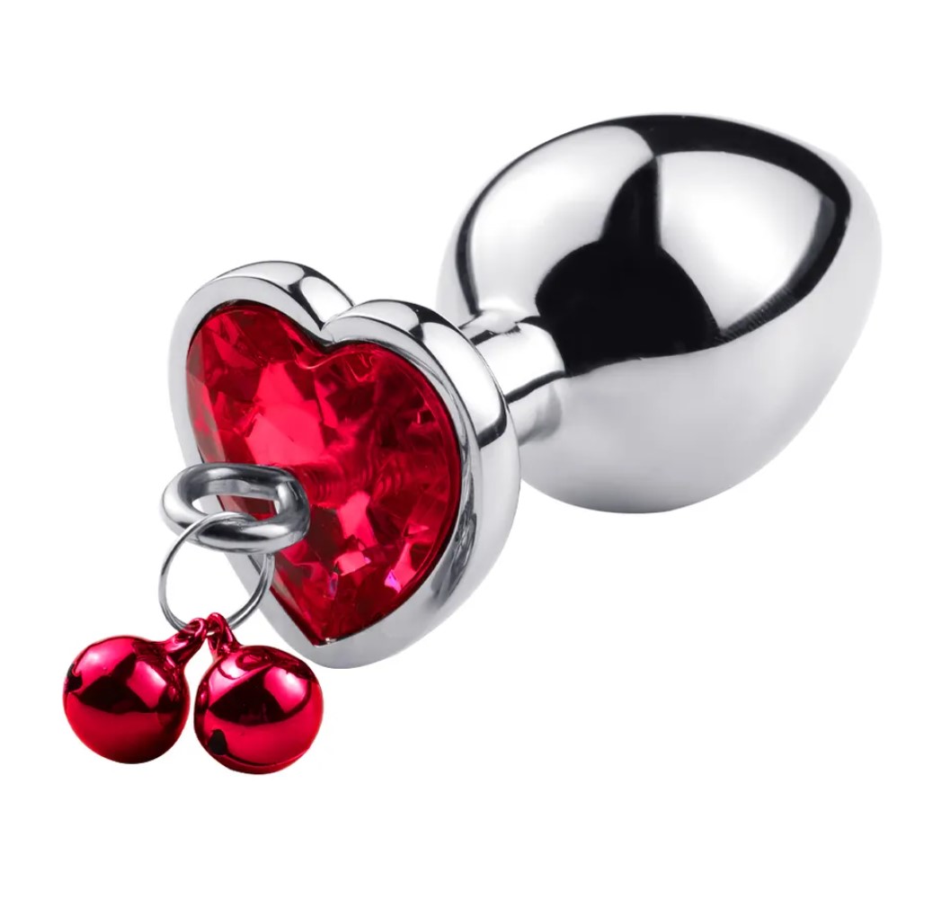 Dop Anal Small Heart Shape cu Clopotei Ring My Bells, Metal, Argintiu/Rosu, 7 cm, Passion Labs