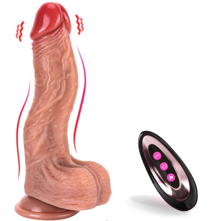 Vibrator Realist James, Remote Control, 9 Moduri Vibratii, 3 Moduri Rotatii, Incalzire, Silicon Lichid, USB, Maro, 21 cm, #1, Erotic24.ro