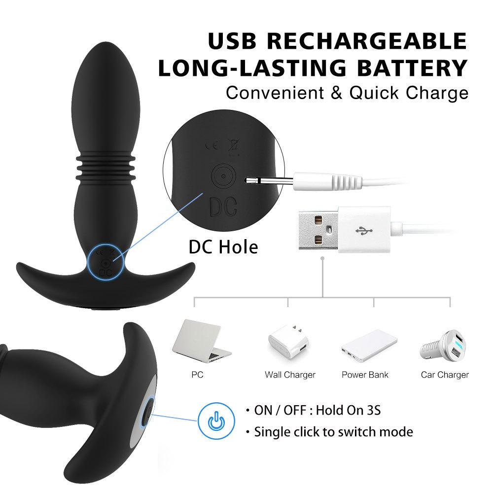 Vibrator Anal Telescopic, Remote Control, 12 Moduri Vibratii, 3 Moduri Impingere, Silicon, USB, Negru, 14.6 cm, #7, Erotic24.ro