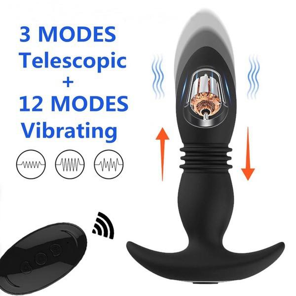 Vibrator Anal Telescopic, Remote Control, 12 Moduri Vibratii, 3 Moduri Impingere, Silicon, USB, Negru, 14.6 cm, #4, Erotic24.ro