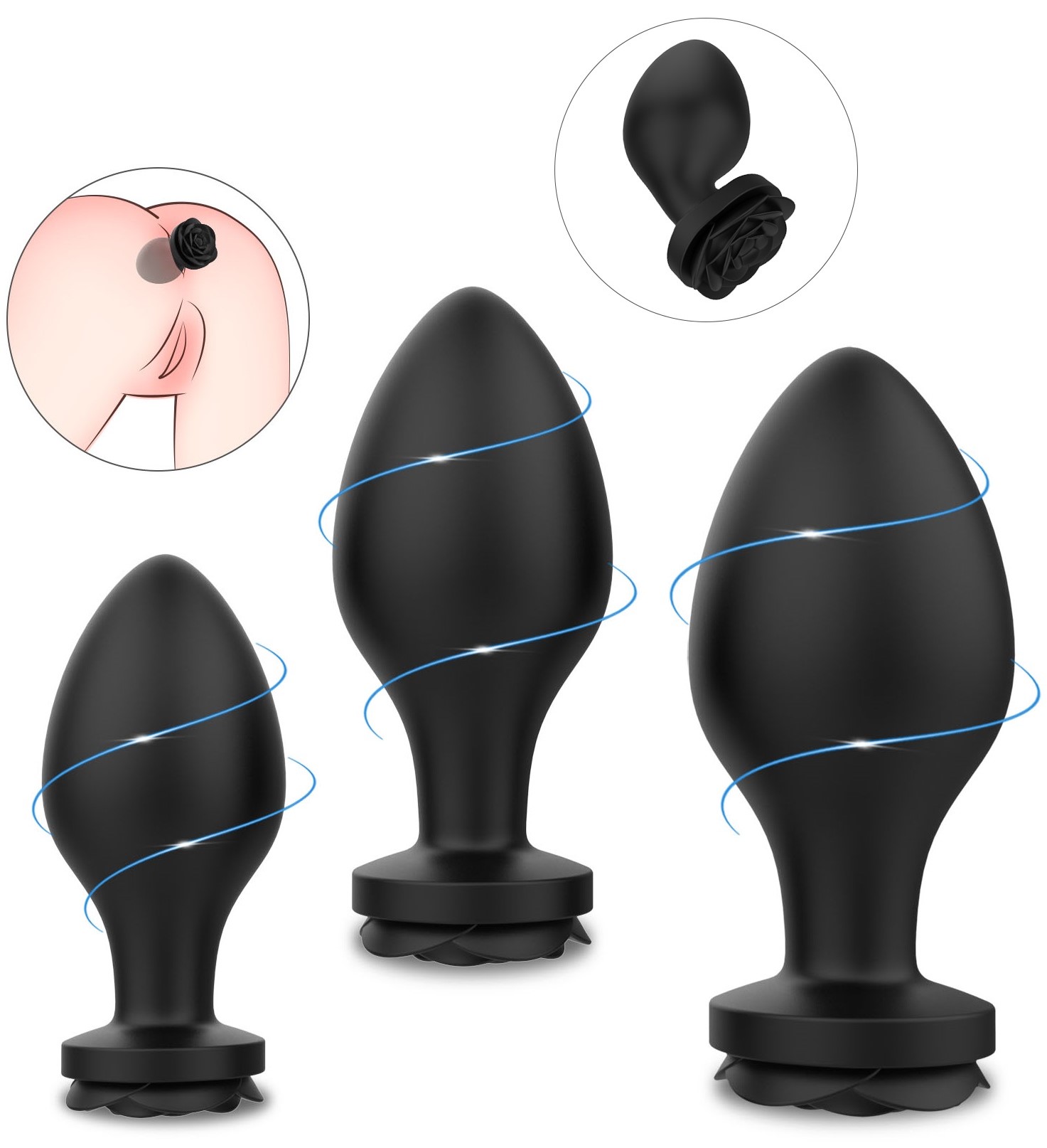 Set 3 Dopuri Anale Bouquet Anal Kit, Silicon, Negru, Passion Labs, Nr. 2, Erotic24.ro