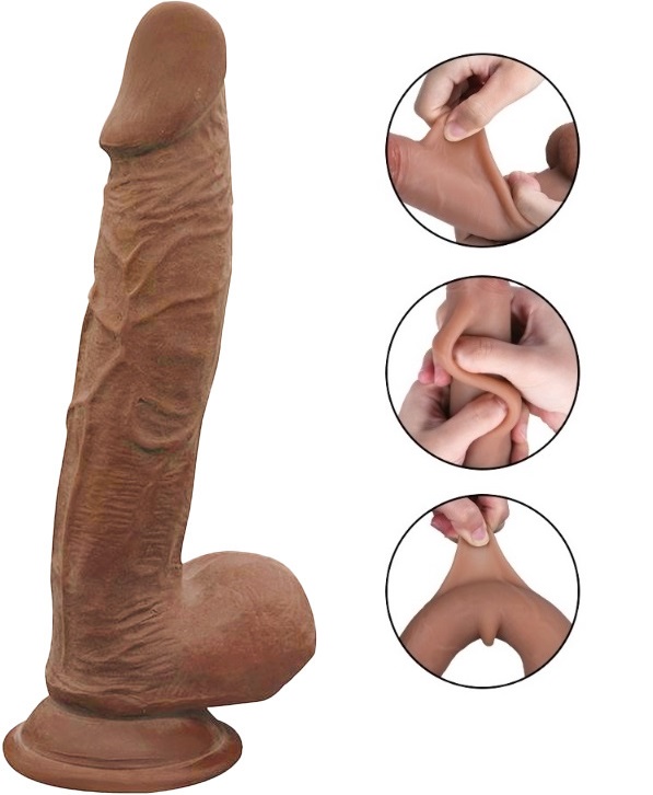 Dildo Nikki Sliding&Bendable, TPE Strat Dublu, Caramel, 23.5 cm, Passion Labs