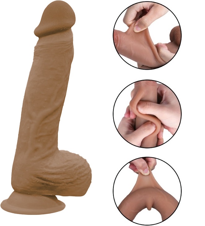 Dildo Fram Sliding&Bendable, TPE Strat Dublu, Caramel, 20.5 cm, Passion Labs