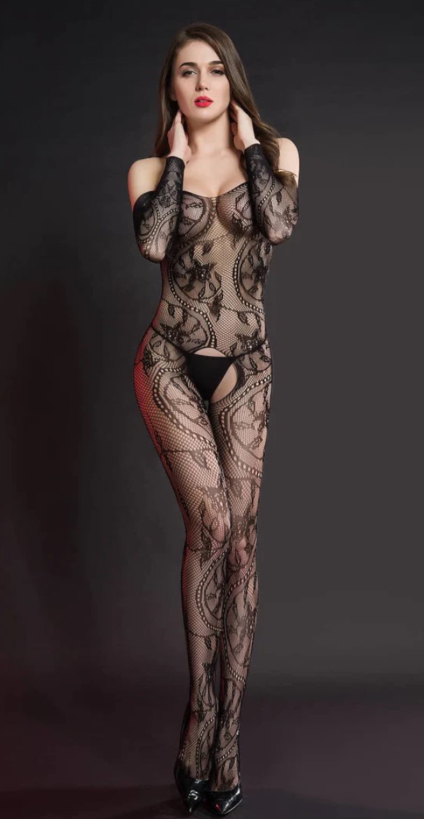 Bodystocking Off Shoulders, Plasa cu Model Floral, Negru, S-L, Nr. 1, Erotic24.ro