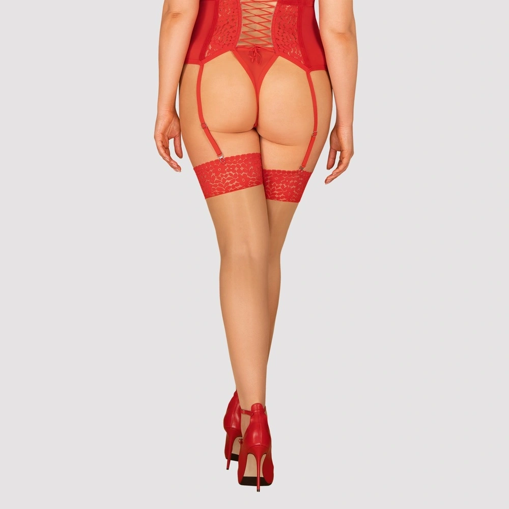 Ciorapi Blossmina Nude cu Banda Rosie Dantelata, 4XL/5XL, #2, Erotic24.ro