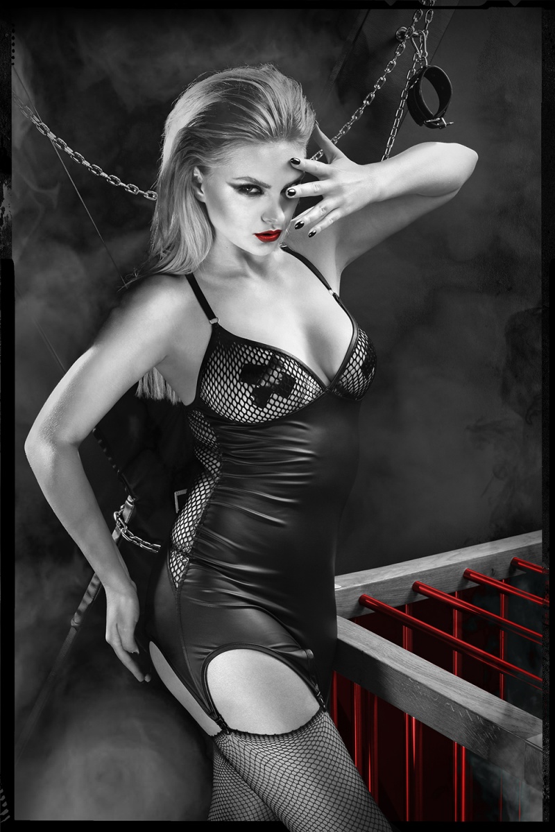 Rochie Mini Eris cu Jartiere Piele Ecologica Neagra S , #3, Erotic24.ro