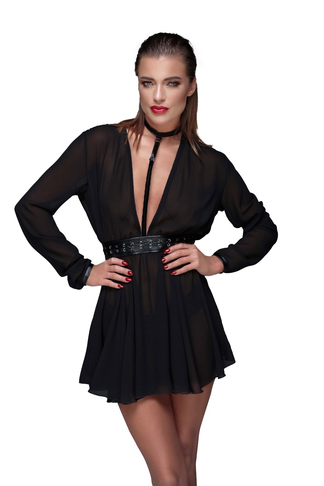 Rochie Mini din Voal cu Centura Piele Ecologica S