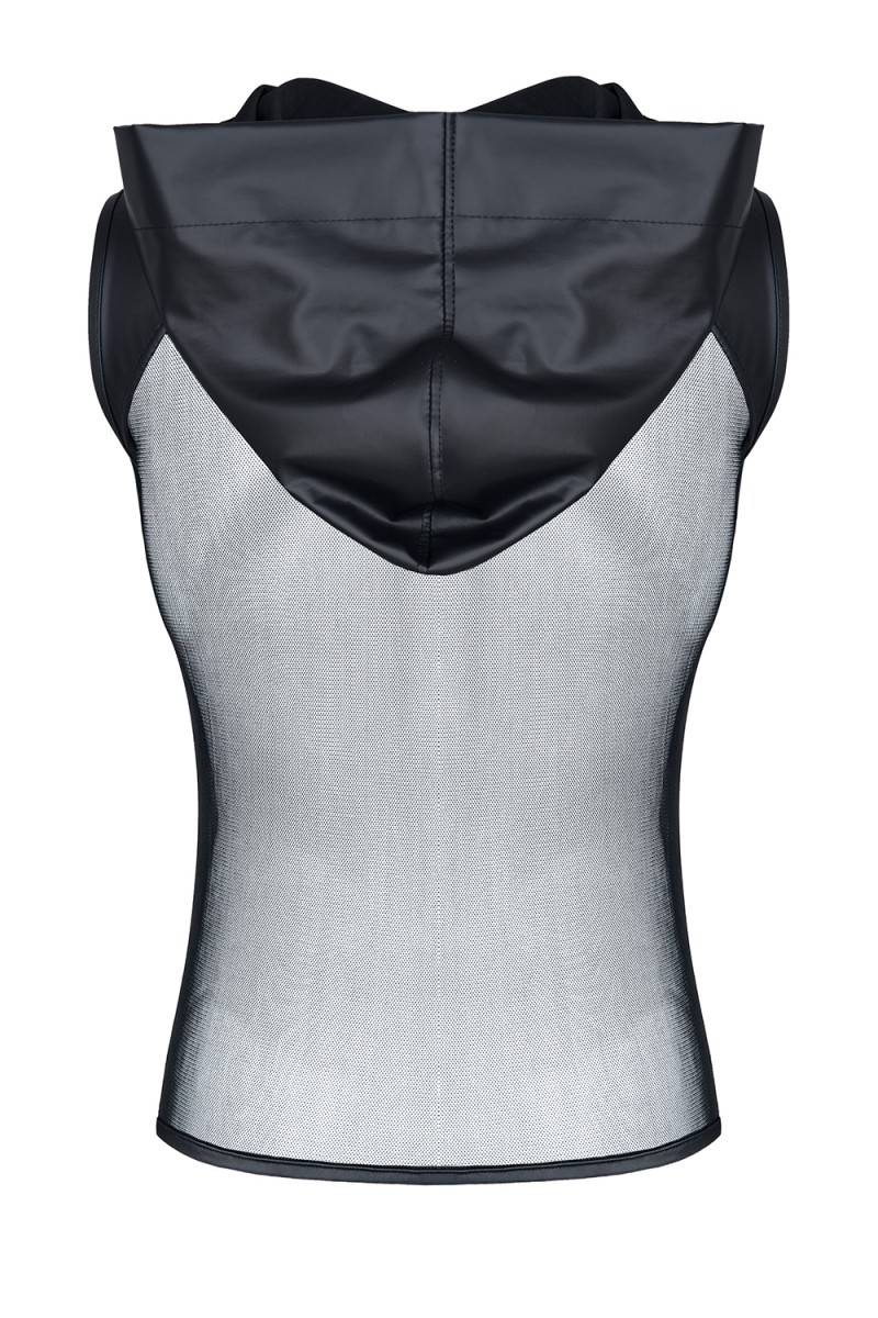 Top cu Gluga din Plasa si Piele Ecologica, Negru, M, Nr. 6, Erotic24.ro