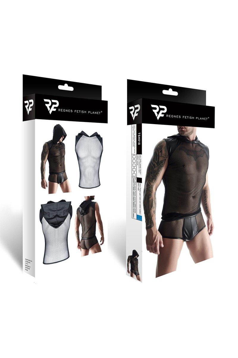 Top cu Gluga din Plasa si Piele Ecologica, Negru, M, Nr. 7, Erotic24.ro