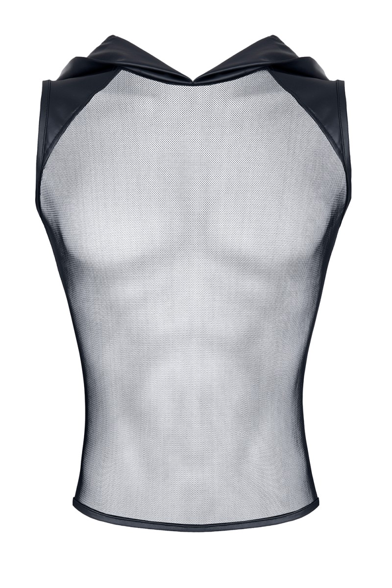 Top cu Gluga din Plasa si Piele Ecologica, Negru, L, #5, Erotic24.ro