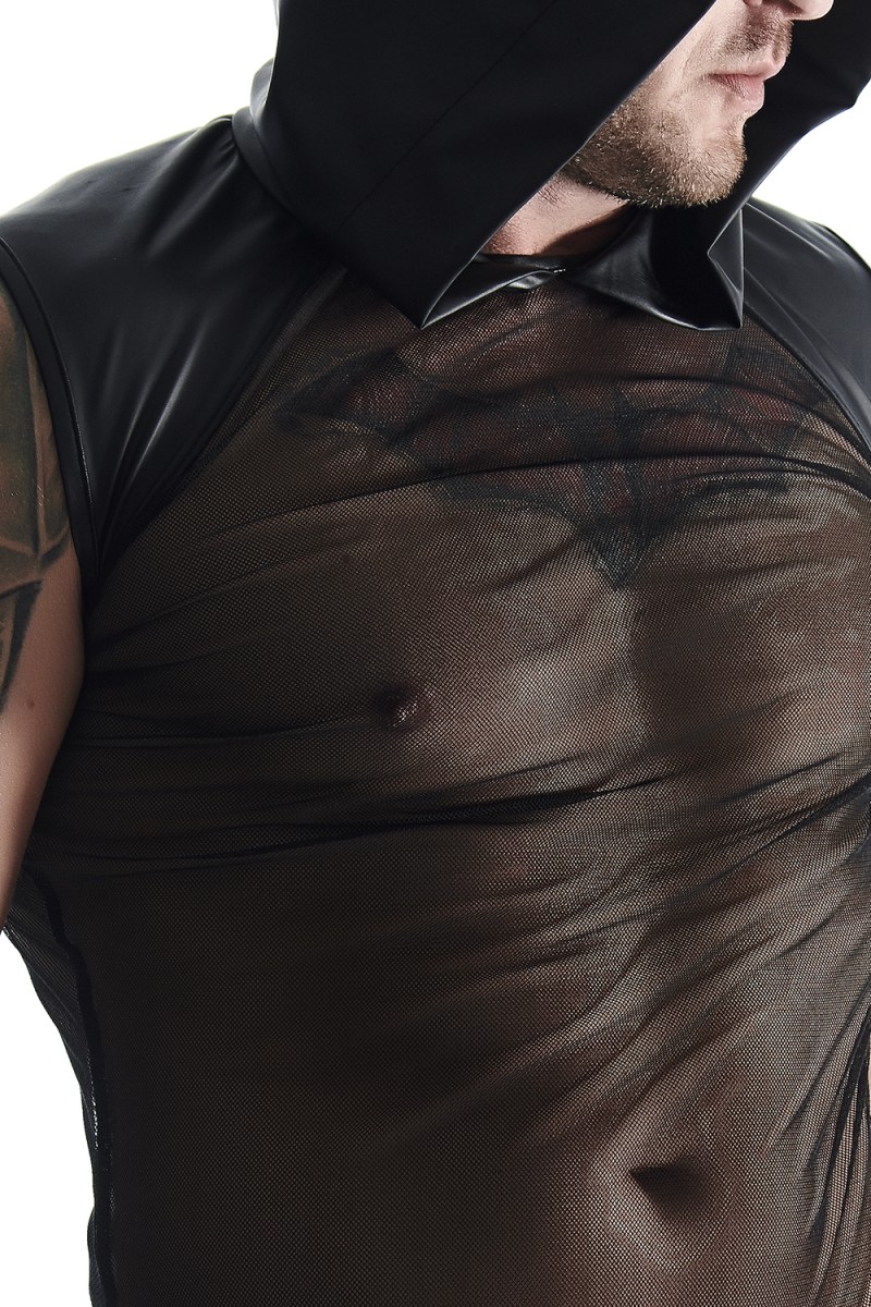 Top cu Gluga din Plasa si Piele Ecologica, Negru, L, #4, Erotic24.ro