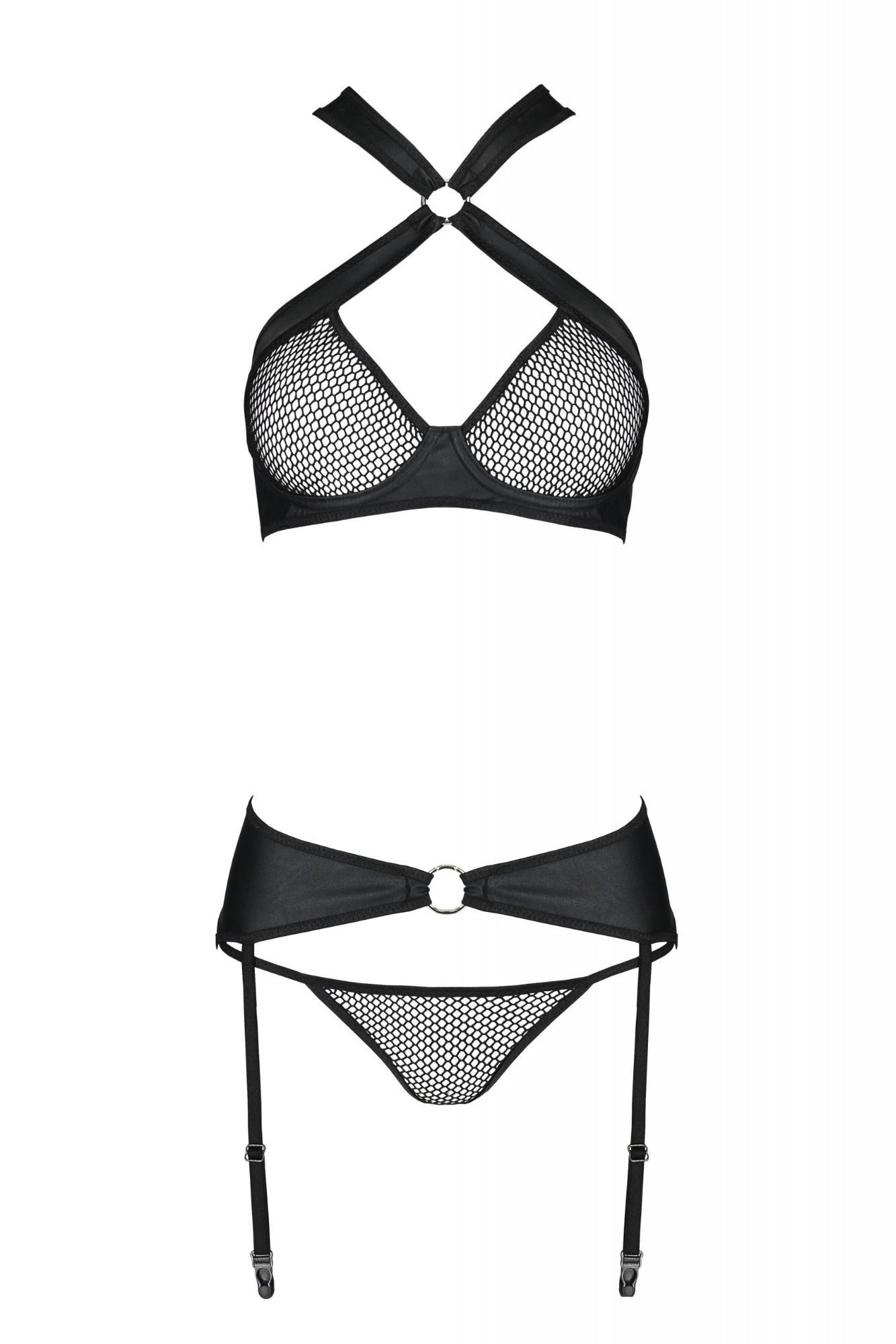 Set 3 Piese Amanda din Piele Ecologica si Plasa, Negru, L/XL, #3, Erotic24.ro