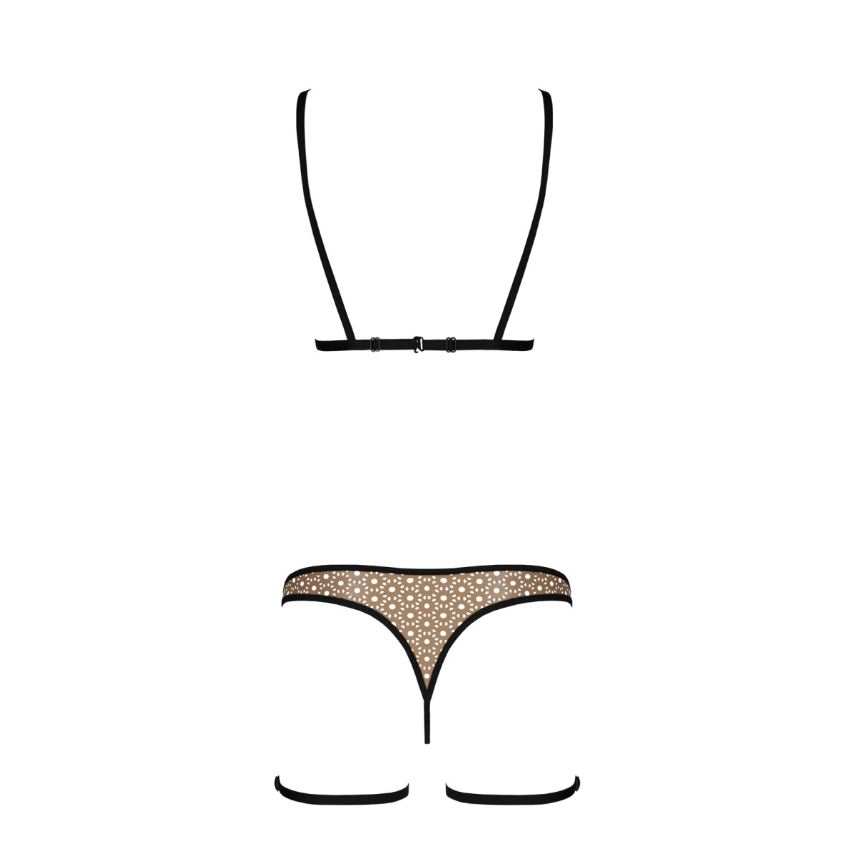 Set 2 Piese Gabi din Piele Ecologica Perforata, Bej/Negru, S/M, Nr. 4, Erotic24.ro