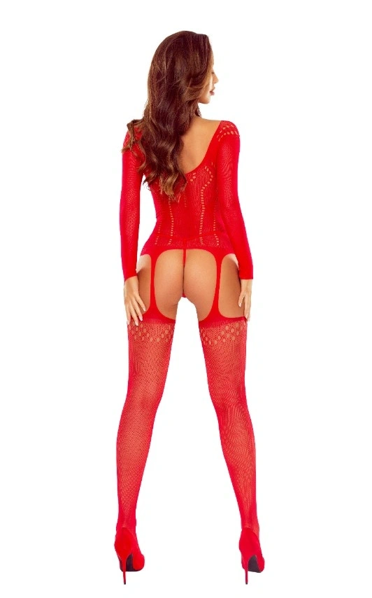 Bodystocking Sexy cu Maneci Lungi, Model Portjartier, Rosu, S-L, #2, Erotic24.ro
