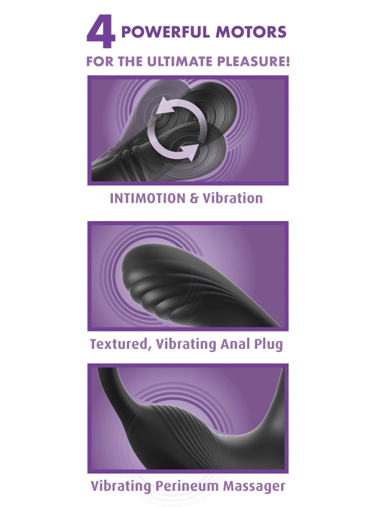 Inel de Penis cu Stimulator Ass-Gasm IntiMotion, Remote Control 4 Motoare Puternice, Functii Multiple, Silicon, USB, Negru, 15.9 cm, #3, Erotic24.ro