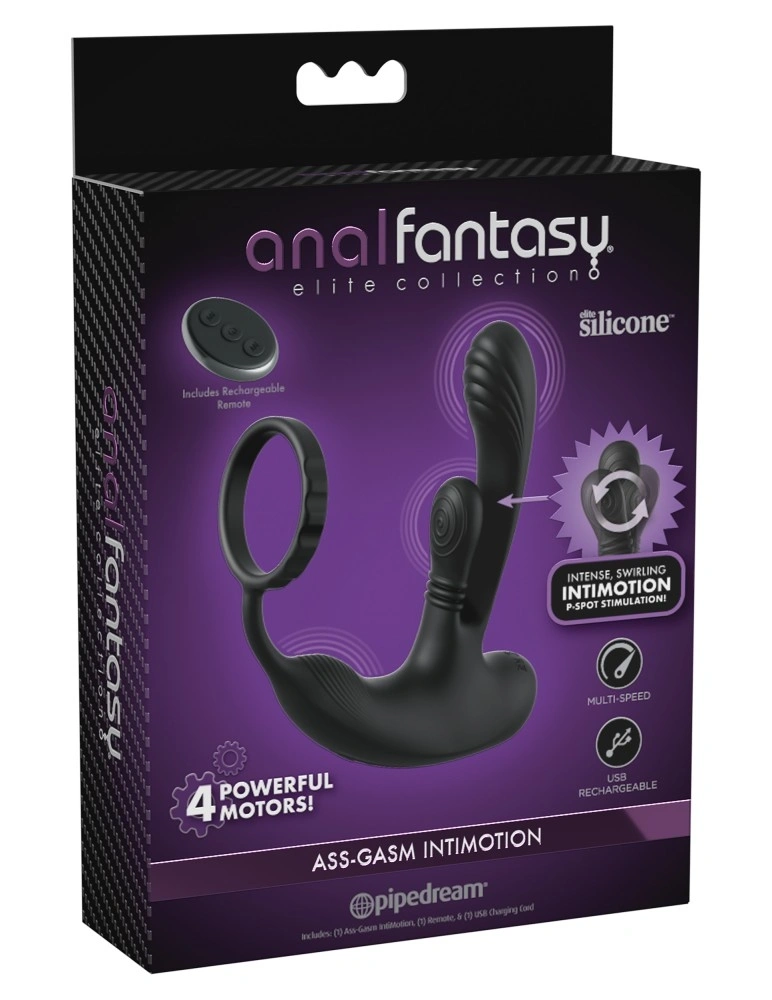 Inel de Penis cu Stimulator Ass-Gasm IntiMotion, Remote Control 4 Motoare Puternice, Functii Multiple, Silicon, USB, Negru, 15.9 cm, #8, Erotic24.ro