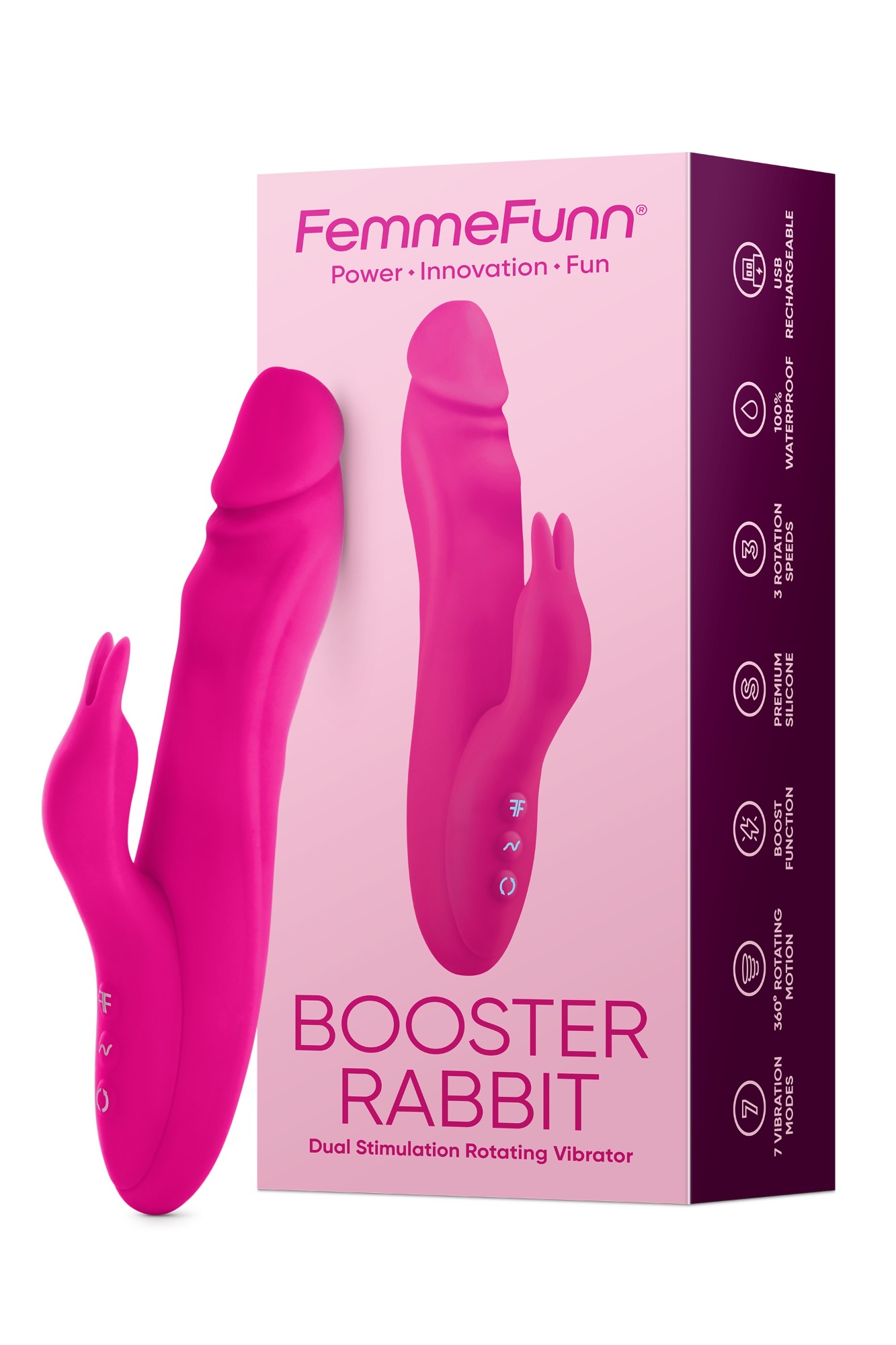 Vibrator Booster Rabbit FemmeFunn, 7 Moduri Vibratii, 3 Moduri Rotatii, Silicon Premium, USB, Roz, 21.6 cm, #9, Erotic24.ro