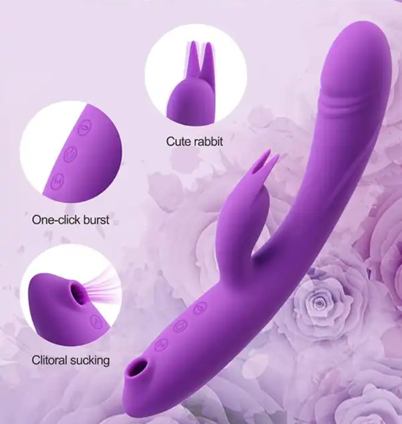 Vibrator Triple Delight, 10 Moduri Vibratii, 5 Moduri Suctiune, Silicon, USB, Mov, 23.5 cm, Mokko Toys, #3, Erotic24.ro
