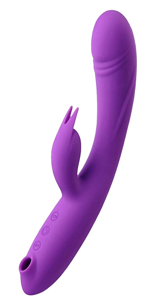 Vibrator Triple Delight, 10 Moduri Vibratii, 5 Moduri Suctiune, Silicon, USB, Mov, 23.5 cm, Mokko Toys