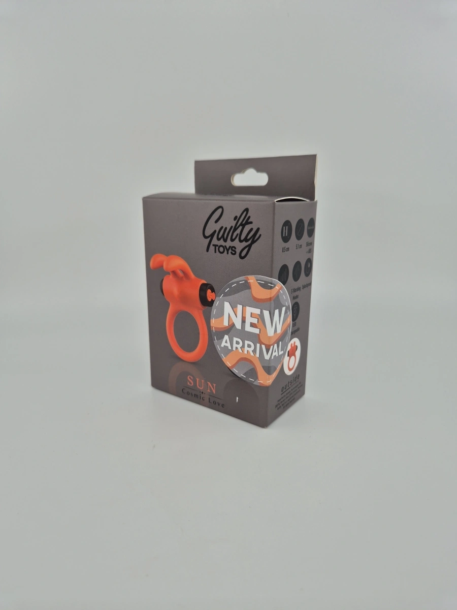 Inel Penis Sun, 10 Moduri Vibratii, Silicon, USB, Portocaliu/Negru, Guilty Toys, Cosmic Love, Nr. 2, Erotic24.ro