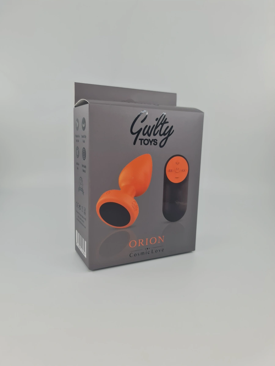 Dop Anal Orion, 7 Moduri Vibratii, 4 Intensitati, Silicon, USB, Remote Control, Portocaliu/Negru, 9.4 cm, Guilty Toys, Cosmic Love, #3, Erotic24.ro