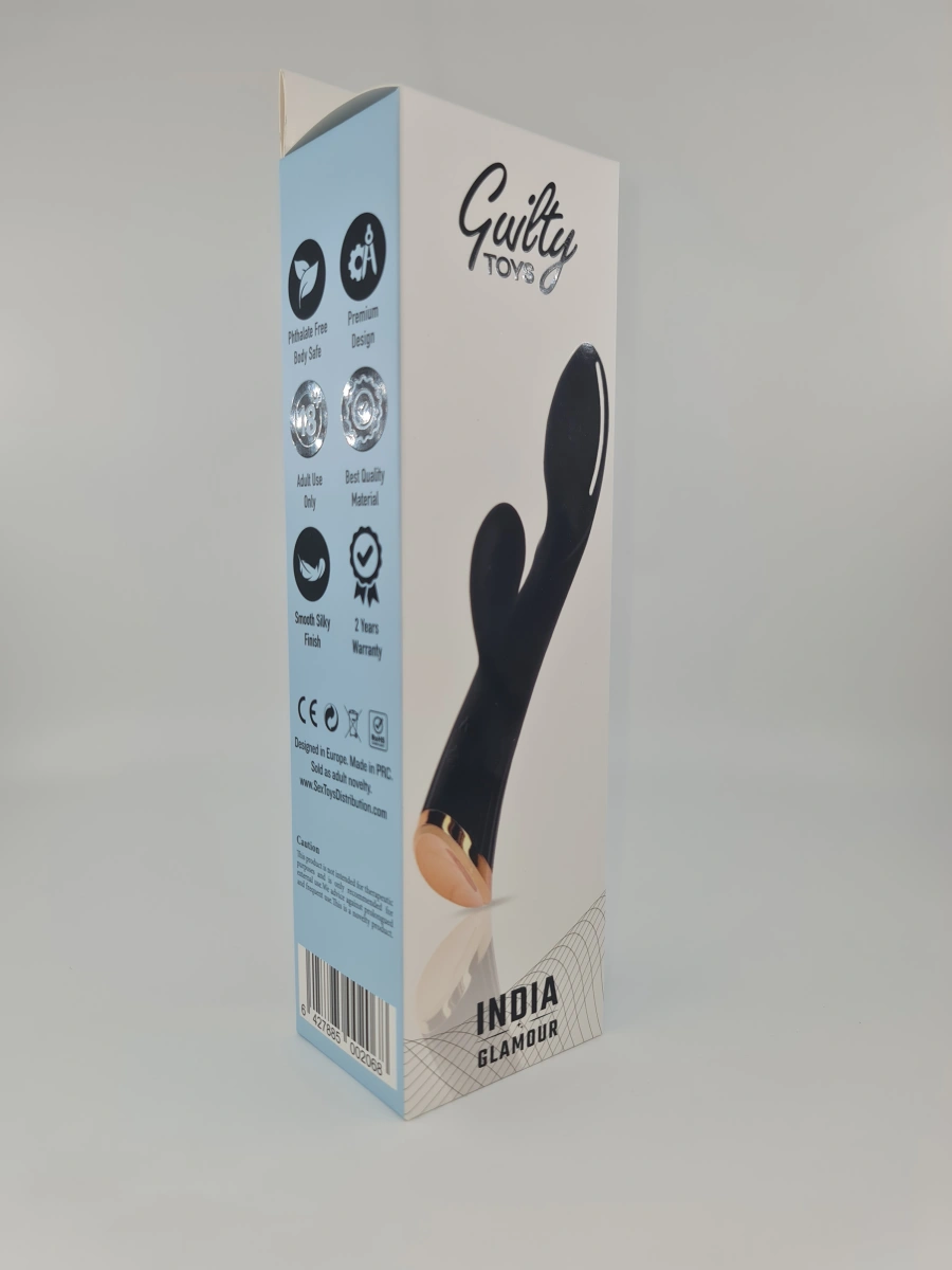 Vibrator Iepuras India, 9 Moduri Vibratii, Functie Incalzire, Silicon, USB, Negru, 20.3 cm,  Guilty Toys, Glamour, #2, Erotic24.ro