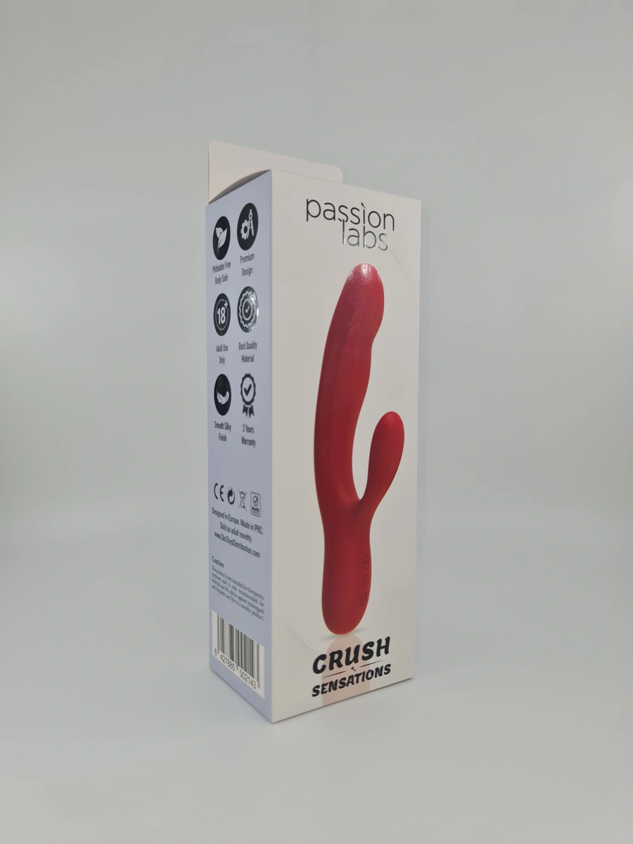 Vibrator Iepuras Crush, 10+10 Moduri Stimulatoare, Silicon, USB Magnetic, Rosu, 20.5 cm, Passion Labs, Sensations, #7, Erotic24.ro