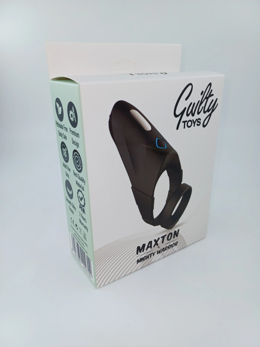 Inel Penis Maxton, 10 Moduri Vibratii, Silicon, USB, Negru, Guilty Toys, Mighty Warrior, Nr. 7, Erotic24.ro