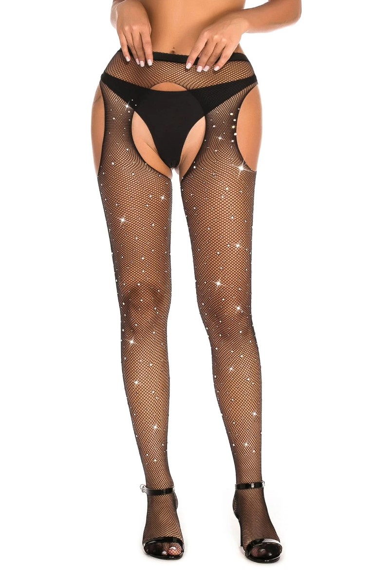 Ciorapi Crotchless cu Strasuri, Negru, S/M, Nr. 2, Erotic24.ro