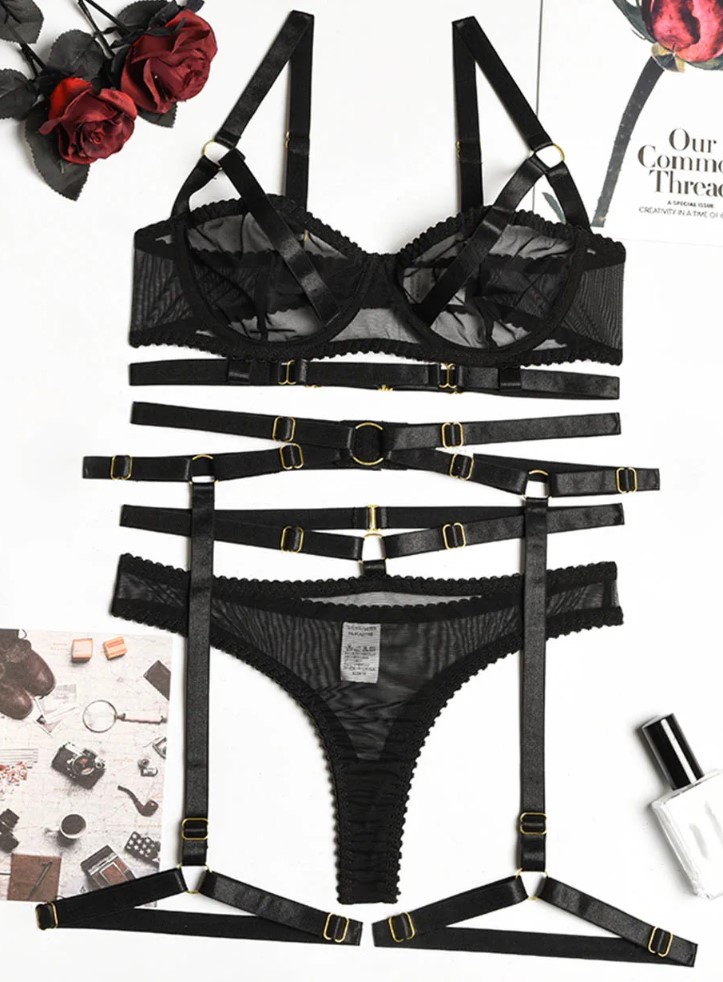 Set Lenjerie Sexy Marcella, 4 Piese, Negru, M, Nr. 4, Erotic24.ro