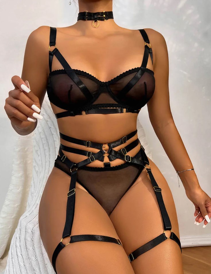 Set Lenjerie Sexy Marcella, 4 Piese, Negru, M, Nr. 2, Erotic24.ro