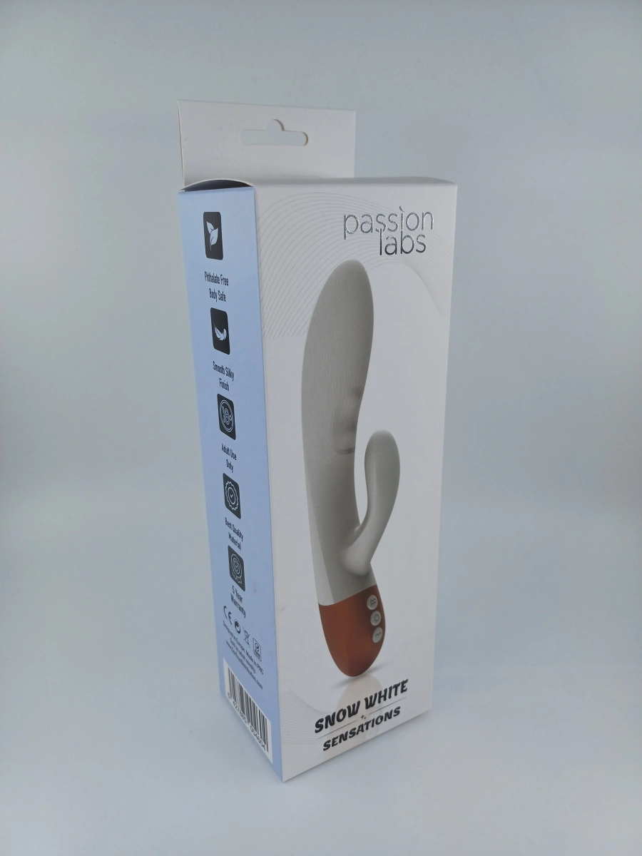 Vibrator Iepuras Snow White, 7+7 Moduri Vibratii, Functie Incalzire, Silicon, USB, Alb, 24 cm, Passion Labs, Sensation, #6, Erotic24.ro