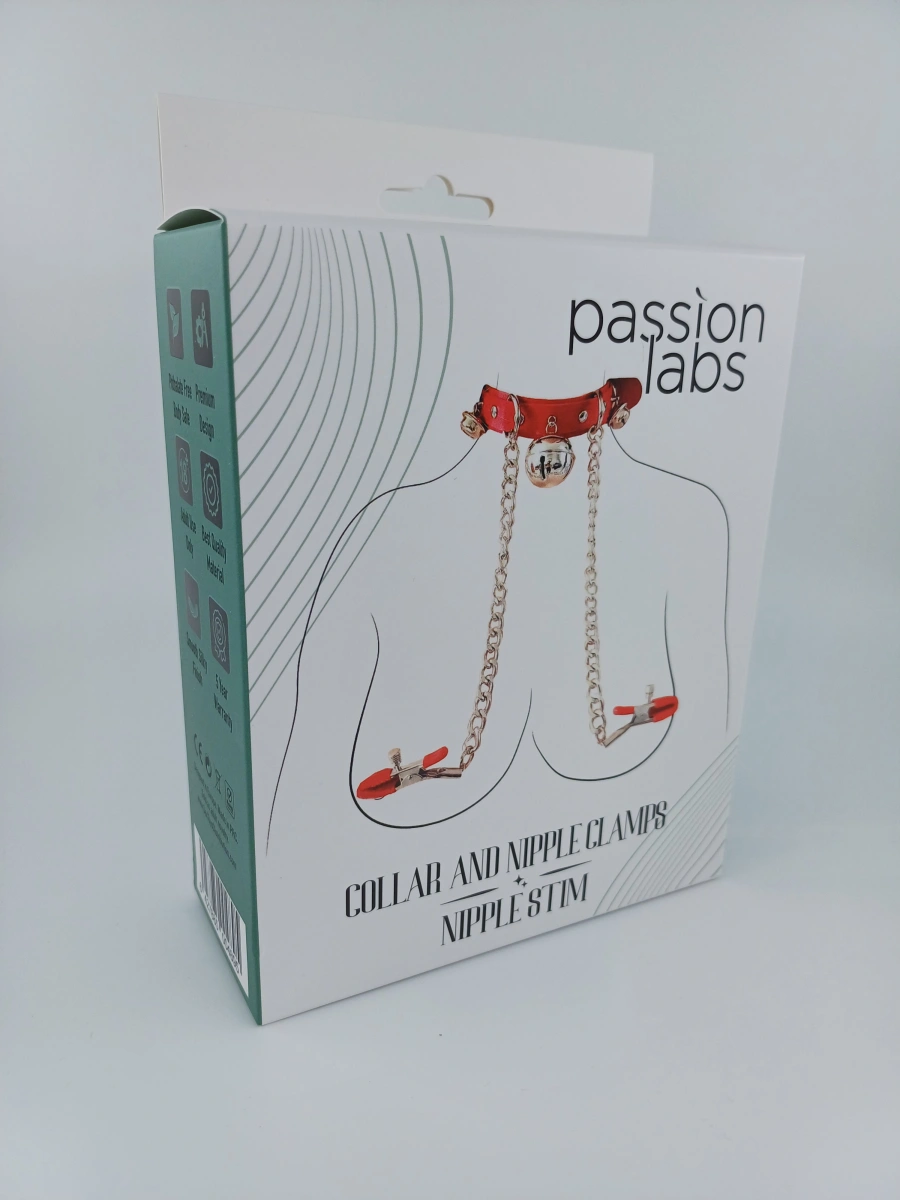 Zgarda Ajustabila cu Clame pentru Sfarcuri si Clopotei, Rosu/Auriu, Passion Labs, Nipple Stim, #3, Erotic24.ro