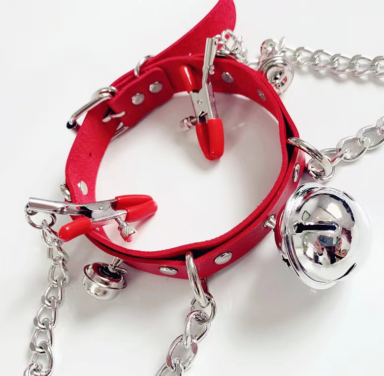 Zgarda Ajustabila cu Clame pentru Sfarcuri si Clopotei, Rosu/Auriu, Passion Labs, Nipple Stim, #2, Erotic24.ro