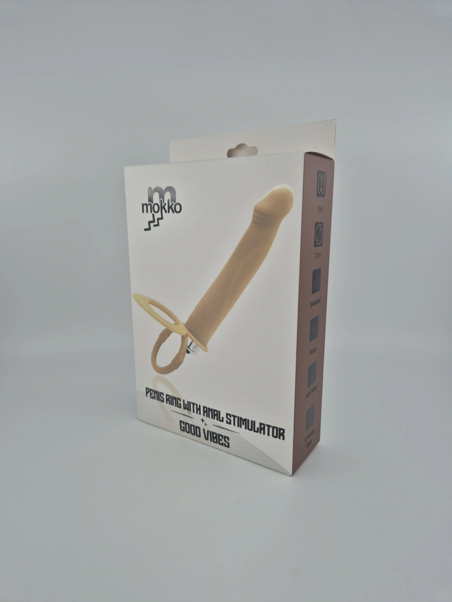 Inel Dublu de Penis cu Stimulator Anal 10 Moduri Vibratii Silicon Natural Mokko Toys, Nr. 2, Erotic24.ro
