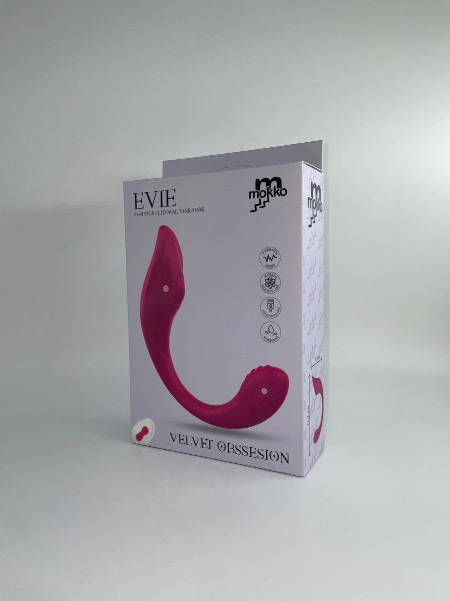 Stimulator Dublu Evie, 9 Moduri Vibratii, Remote Control, Silicon, USB Magnetic, Roz, Mokko Toys, Velvet Obsession, #7, Erotic24.ro