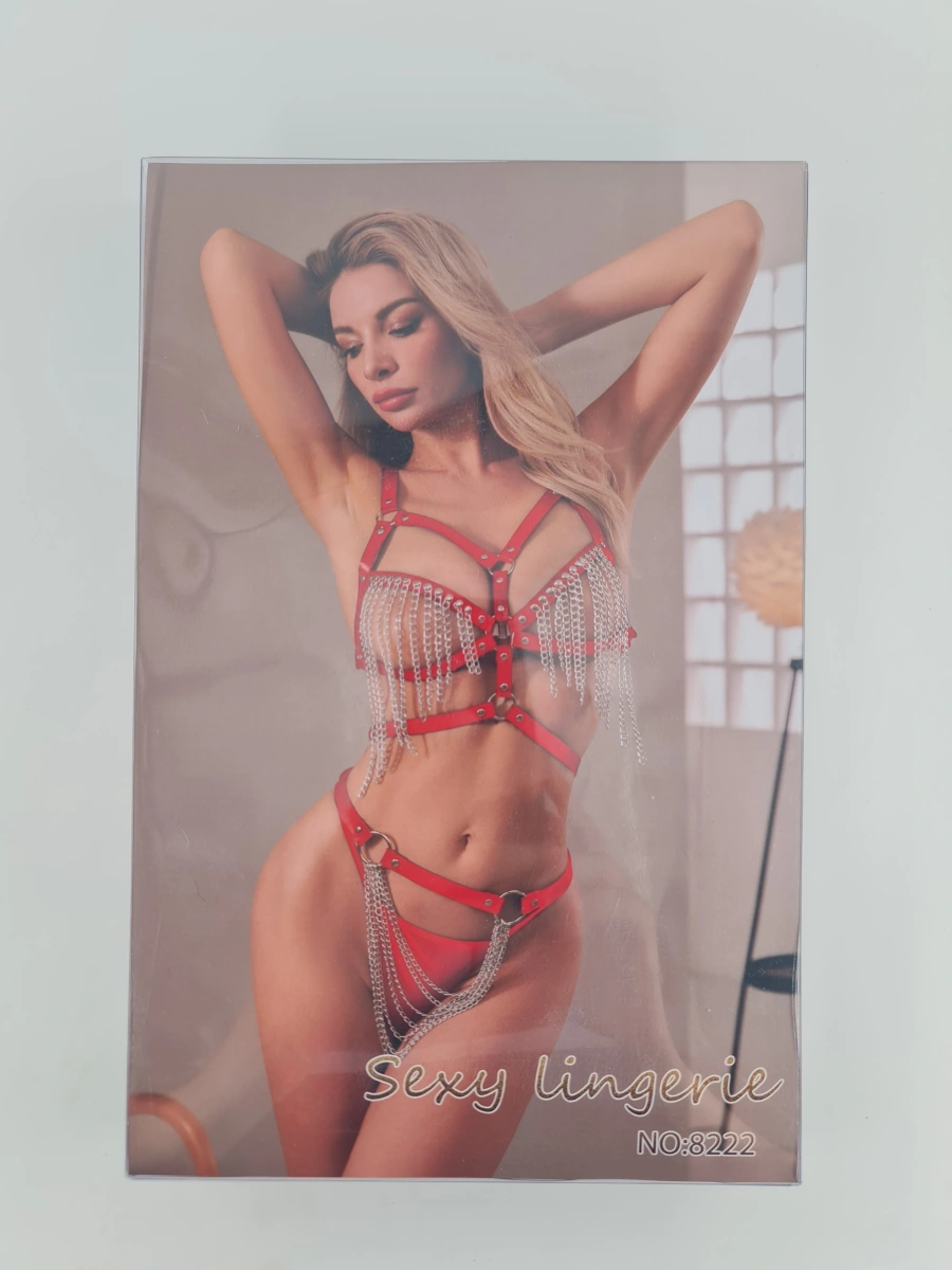 Set Harness Bold Chains, 3 Piese, Rosu, S-L, #2, Erotic24.ro