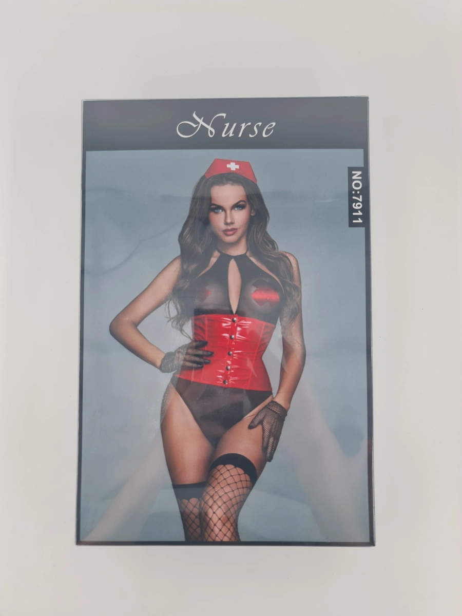 Costumatie Asistenta Sexy, 6 Piese, Wetlook, Negru/Rosu, S/M, Nr. 4, Erotic24.ro