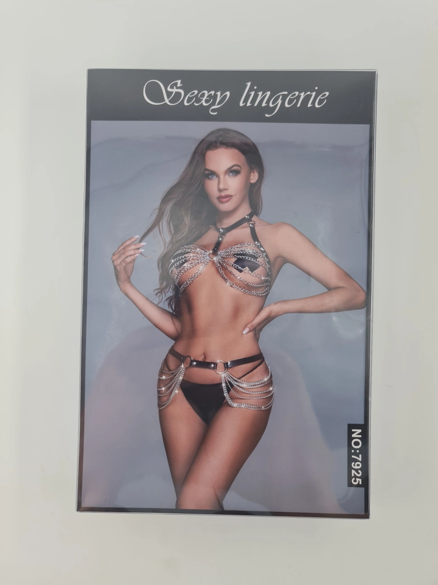 Set Harness Sexy Chains, 4 Piese, Negru, S-L, Nr. 4, Erotic24.ro