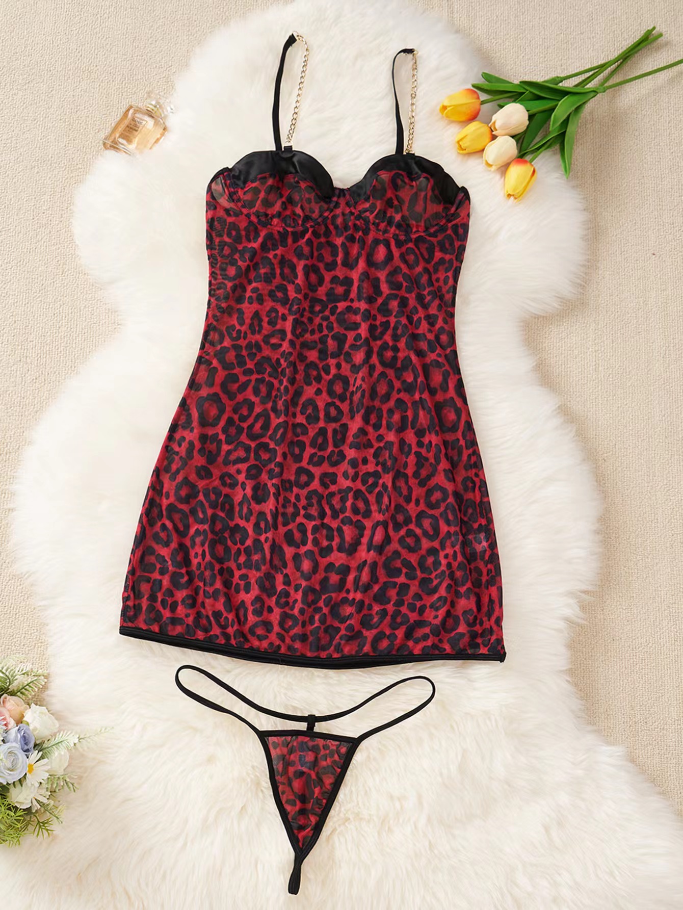 Rochie Mini si Bikini Animal Print, Rosu/Negru, S, JGF Lingerie, #3, Erotic24.ro