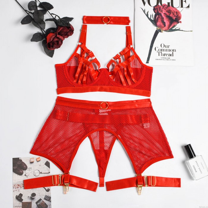 Set Lenjerie Risky Mesh, 5 Piese, Rosu, M, JGF Lingerie, #4, Erotic24.ro