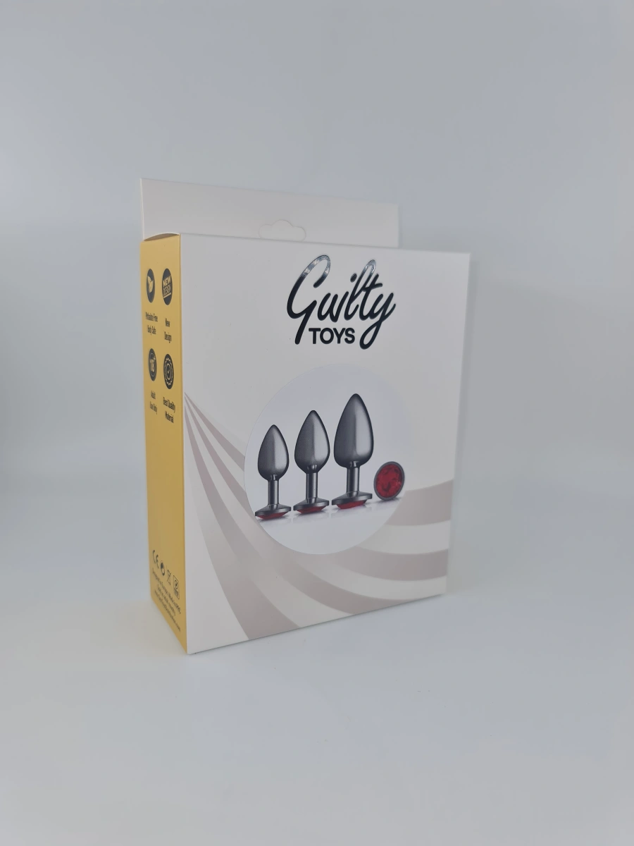 Set 3 Dopuri Anale Dark Anal Plug Kit, Metal, Rosu, Guilty Toys, Nr. 2, Erotic24.ro