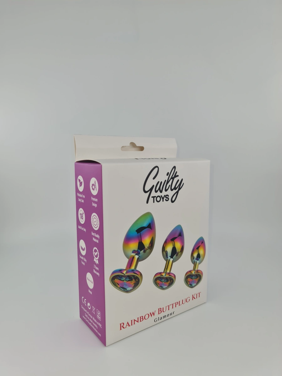 Set 3 Dopuri Rainbow Buttplug, Heart Shape, Piatra Albastru Deschis, Guilty Toys, Nr. 2, Erotic24.ro