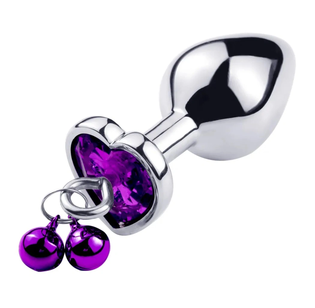 Dop Anal Medium Heart Shape cu Clopotei Ring My Bells, Metal, Argintiu/Mov, 8 cm, Passion Labs